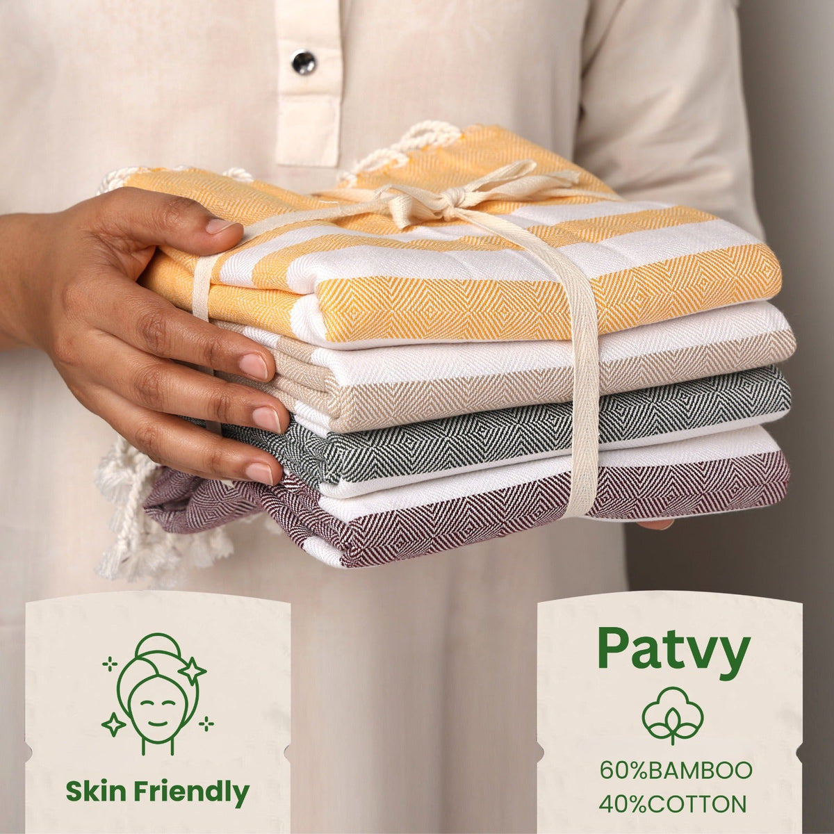 PATVY 60% bamboo 40% cotton bath towels in Maroon, Yellow and Green