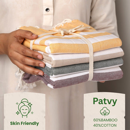 PATVY 60% bamboo 40% cotton bath towels in Maroon, Yellow and Green